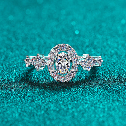 S925 Sterling Silver Oval Blue Moissanite Ring with Floral Motifs