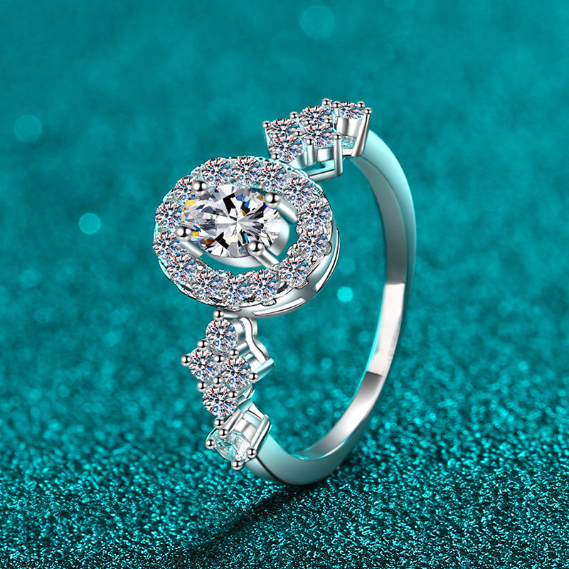S925 Sterling Silver Oval Blue Moissanite Ring with Floral Motifs