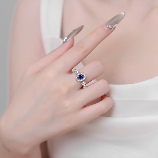 S925 Sterling Silver Oval Blue Moissanite Ring with Floral Motifs