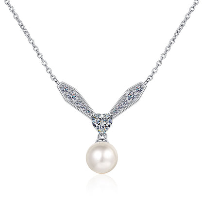 925 Sterling Silver PT950-Plated Phoenix Necklace - 77-Point Moissanite & 8mm Pearl Elegant Statement Choker