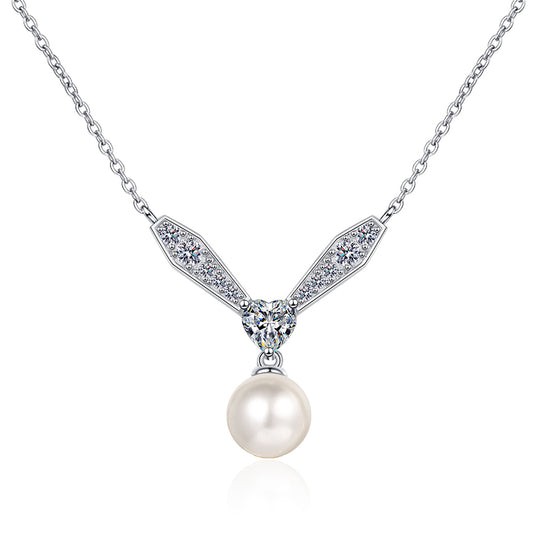 925 Sterling Silver PT950-Plated Phoenix Necklace - 77-Point Moissanite & 8mm Pearl Elegant Statement Choker