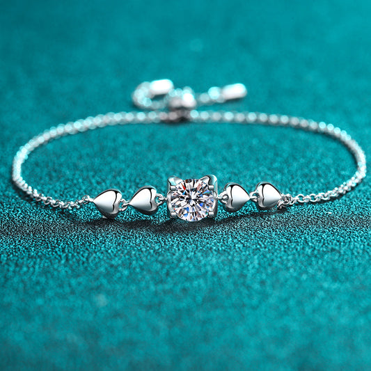 Chinese Style 5-Layer Rhodium Plated Sterling Silver Bracelet - 1ct Moissanite or 6.5mm Zircon with Eggplant & Peach Design