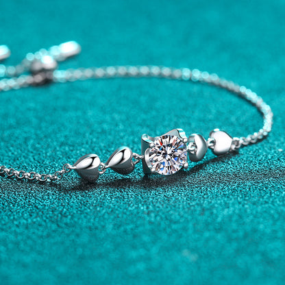 Chinese Style 5-Layer Rhodium Plated Sterling Silver Bracelet - 1ct Moissanite or 6.5mm Zircon with Eggplant & Peach Design