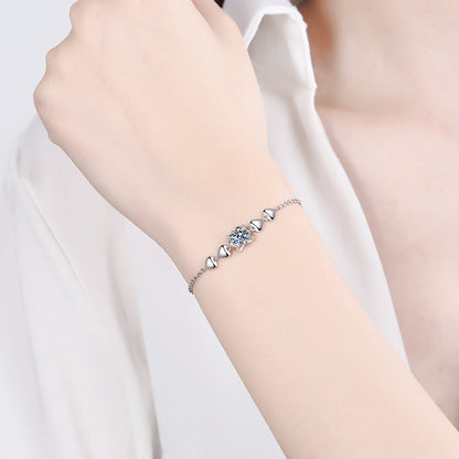 Chinese Style 5-Layer Rhodium Plated Sterling Silver Bracelet - 1ct Moissanite or 6.5mm Zircon with Eggplant & Peach Design