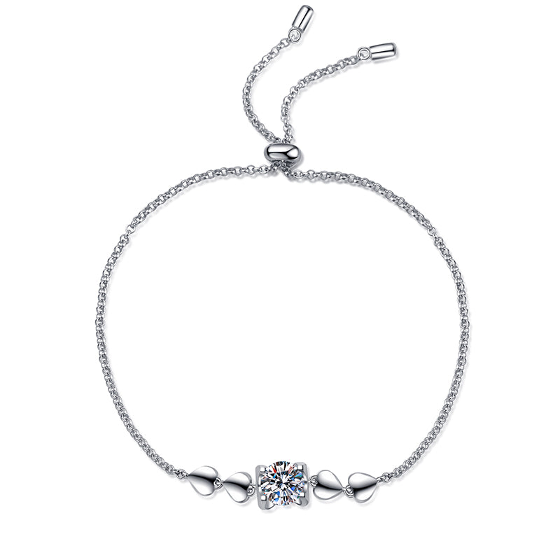 Chinese Style 5-Layer Rhodium Plated Sterling Silver Bracelet - 1ct Moissanite or 6.5mm Zircon with Eggplant & Peach Design