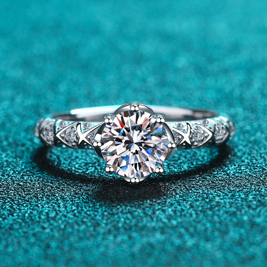 S925 Sterling Silver PT950 Gold Plated 1ct Moissanite Eight-Prong Ring with Fruit Motifs