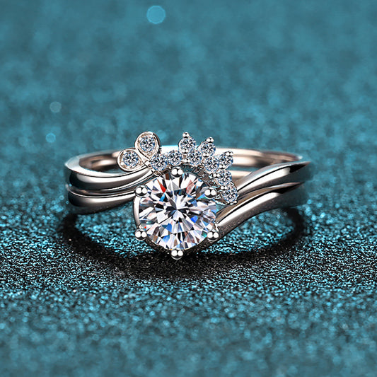 S925 Sterling Silver PT950 Gold Plated 2-Piece Moissanite Ring Set with Floral Motifs