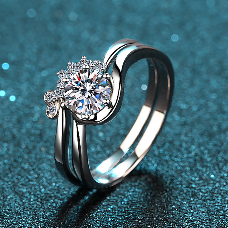 S925 Sterling Silver PT950 Gold Plated 2-Piece Moissanite Ring Set with Floral Motifs