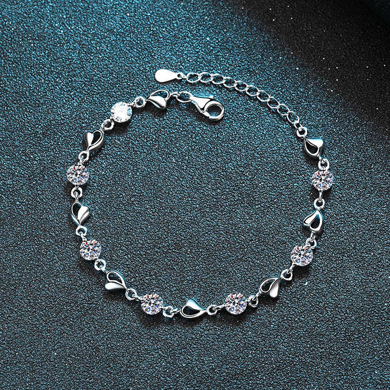 Minimalist Heart Shape Rhodium Plated Sterling Silver Bracelet - 3.5ct Moissanite or 5mm Zircon with Rose & Red Bean Design