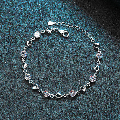 Minimalist Heart Shape Rhodium Plated Sterling Silver Bracelet - 3.5ct Moissanite or 5mm Zircon with Rose & Red Bean Design