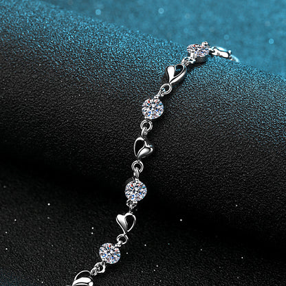 Minimalist Heart Shape Rhodium Plated Sterling Silver Bracelet - 3.5ct Moissanite or 5mm Zircon with Rose & Red Bean Design