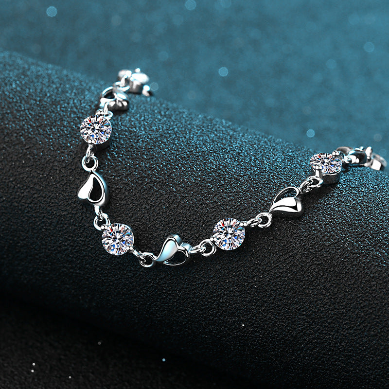 Minimalist Heart Shape Rhodium Plated Sterling Silver Bracelet - 3.5ct Moissanite or 5mm Zircon with Rose & Red Bean Design