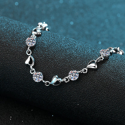 Minimalist Heart Shape Rhodium Plated Sterling Silver Bracelet - 3.5ct Moissanite or 5mm Zircon with Rose & Red Bean Design