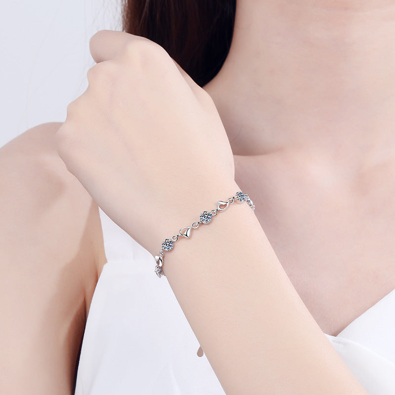 Minimalist Heart Shape Rhodium Plated Sterling Silver Bracelet - 3.5ct Moissanite or 5mm Zircon with Rose & Red Bean Design