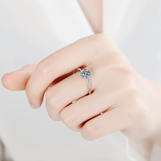 S925 Sterling Silver PT950 Plated Six-Prong Snowflake Moissanite Ring - Adjustable Floral Design Women's Jewelry