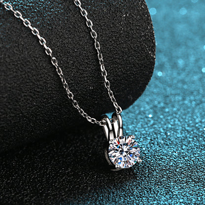 S925 Sterling Silver Rabbit Ear Bow Pendant Necklace - 0.8CT Moissanite Four-Prong Collarbone Chain
