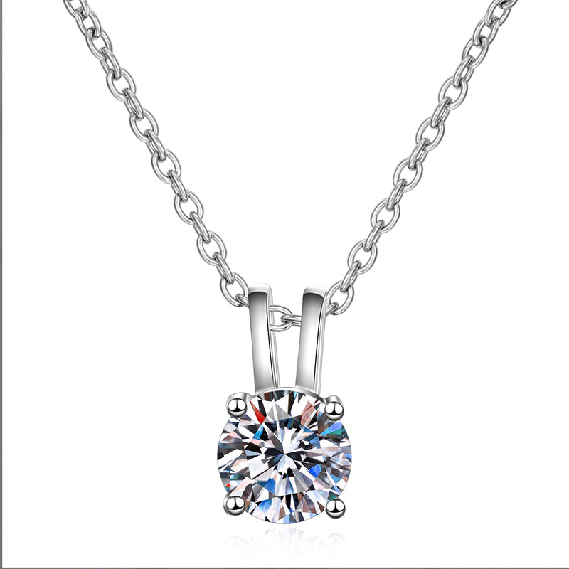 S925 Sterling Silver Rabbit Ear Bow Pendant Necklace - 0.8CT Moissanite Four-Prong Collarbone Chain