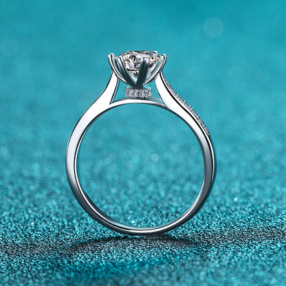 S925 Sterling Silver Six-Prong 1ct Moissanite Ring with Camellia & Cactus Motif