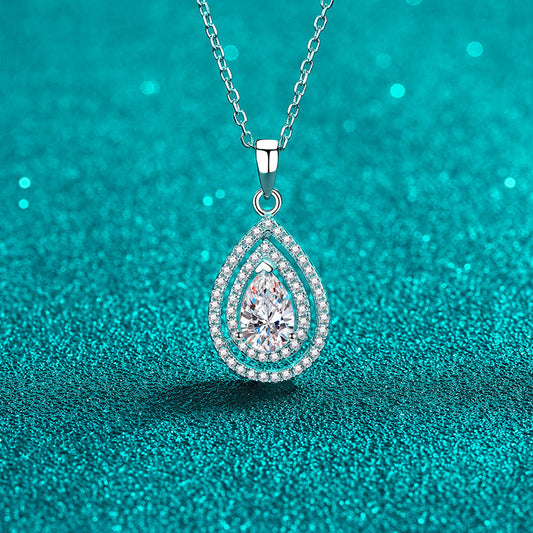 S925 Sterling Silver Teardrop Pendant Necklace - 1CT Moissanite Openwork Pear-Cut Collarbone Chain