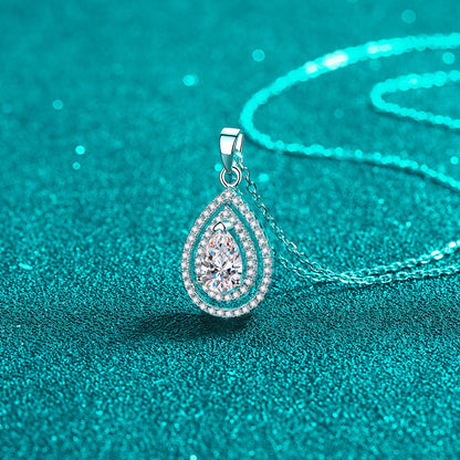 S925 Sterling Silver Teardrop Pendant Necklace - 1CT Moissanite Openwork Pear-Cut Collarbone Chain