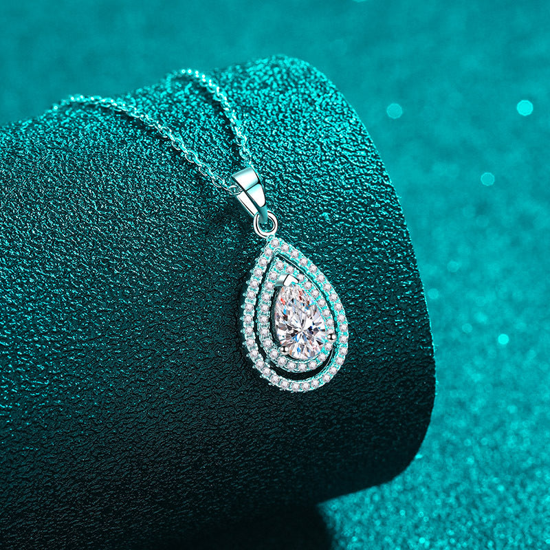 S925 Sterling Silver Teardrop Pendant Necklace - 1CT Moissanite Openwork Pear-Cut Collarbone Chain