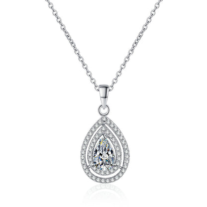 S925 Sterling Silver Teardrop Pendant Necklace - 1CT Moissanite Openwork Pear-Cut Collarbone Chain