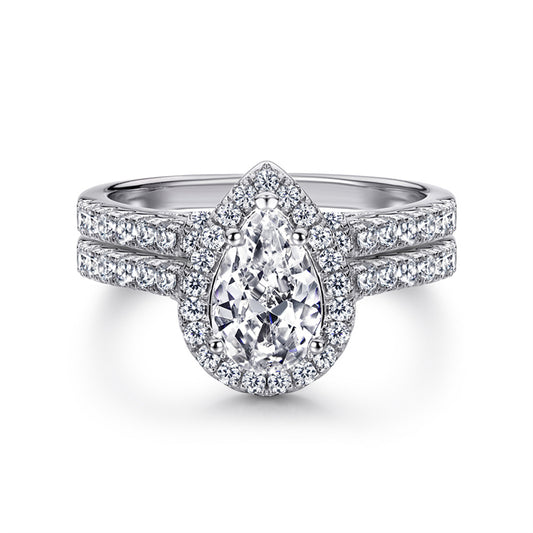 S925 Sterling Silver Teardrop Zirconia Stackable Ring Set - Minimalist Wedding Band Duo in White/Rose Gold