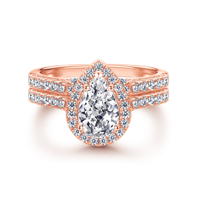 S925 Sterling Silver Teardrop Zirconia Stackable Ring Set - Minimalist Wedding Band Duo in White/Rose Gold