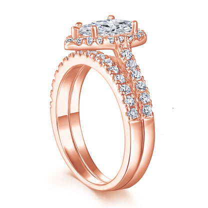 S925 Sterling Silver Teardrop Zirconia Stackable Ring Set - Minimalist Wedding Band Duo in White/Rose Gold