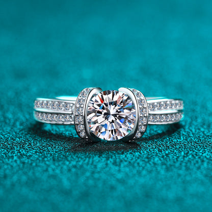 S925 Sterling Silver U-Shaped Full Pavé 1ct Moissanite Ring with Lily Motifs
