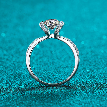 S925 Sterling Silver U-Shaped Full Pavé 1ct Moissanite Ring with Lily Motifs