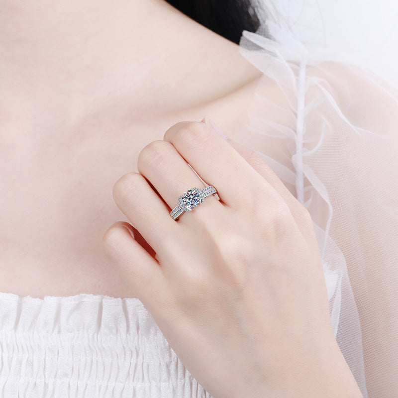 S925 Sterling Silver U-Shaped Full Pavé 1ct Moissanite Ring with Lily Motifs