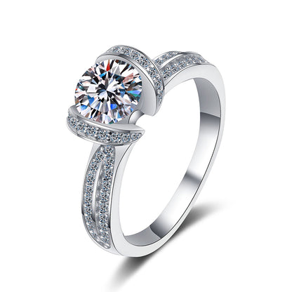 S925 Sterling Silver U-Shaped Full Pavé 1ct Moissanite Ring with Lily Motifs