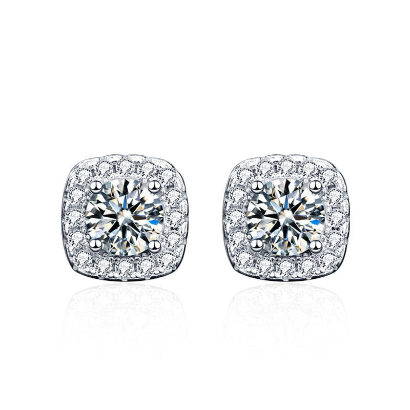 925 Sterling Silver Geometric Square Stud Earrings with 0.5ct/1ct/2ct Hearts & Arrows Moissanite Professional Elegant Jewelry for Women