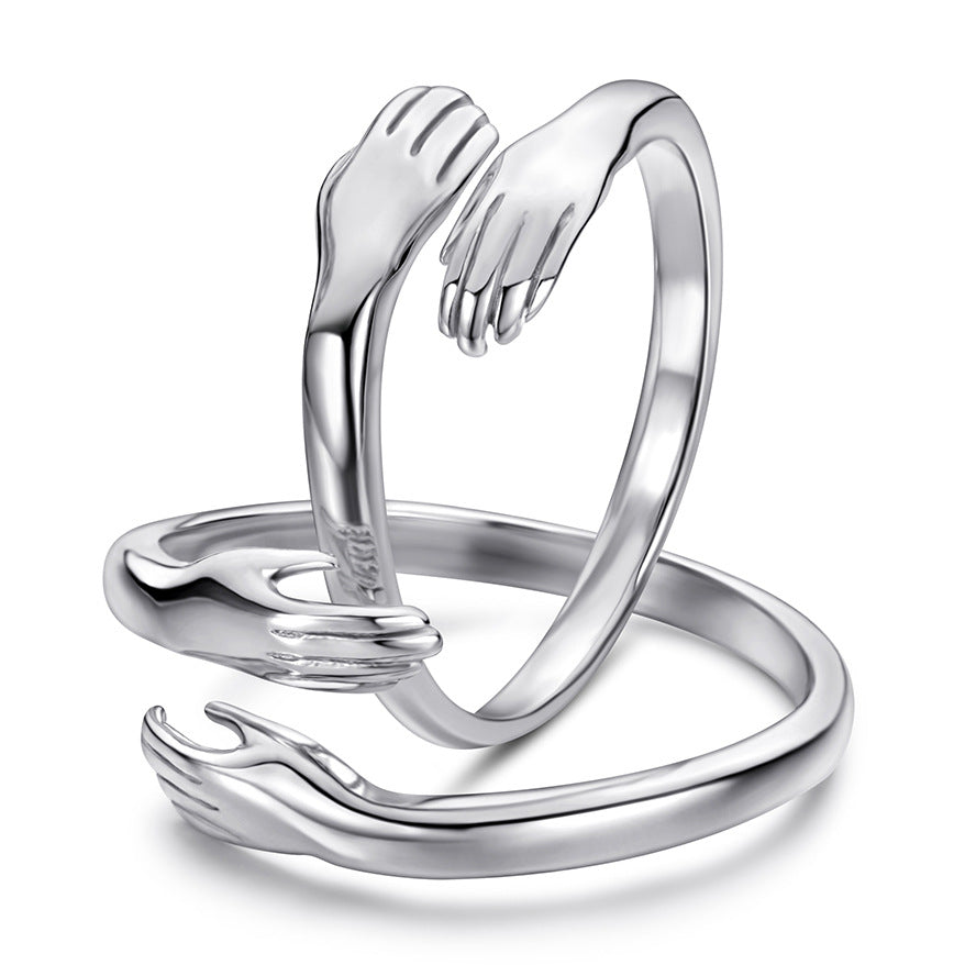 Love Embrace Couple Rings - 925 Sterling Silver Korean-Style Adjustable Matching Set