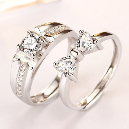 Bow & Heart Couple Rings - 925 Sterling Silver 8-Hearts & Arrows Zircon Matching Set