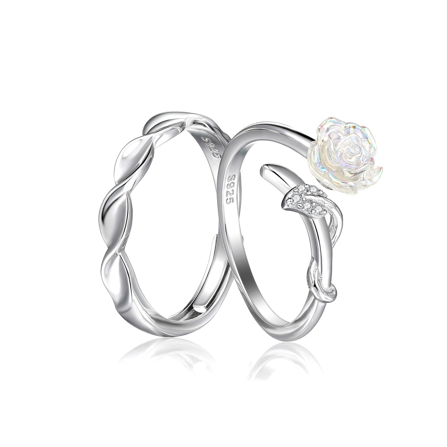 Camellia Flower Couple Rings - 925 Sterling Silver Botanical Matching Set