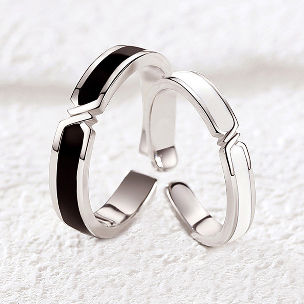 Black & White Bond Couple Rings - 925 Sterling Silver Japanese-Inspired Long Distance Matching Set