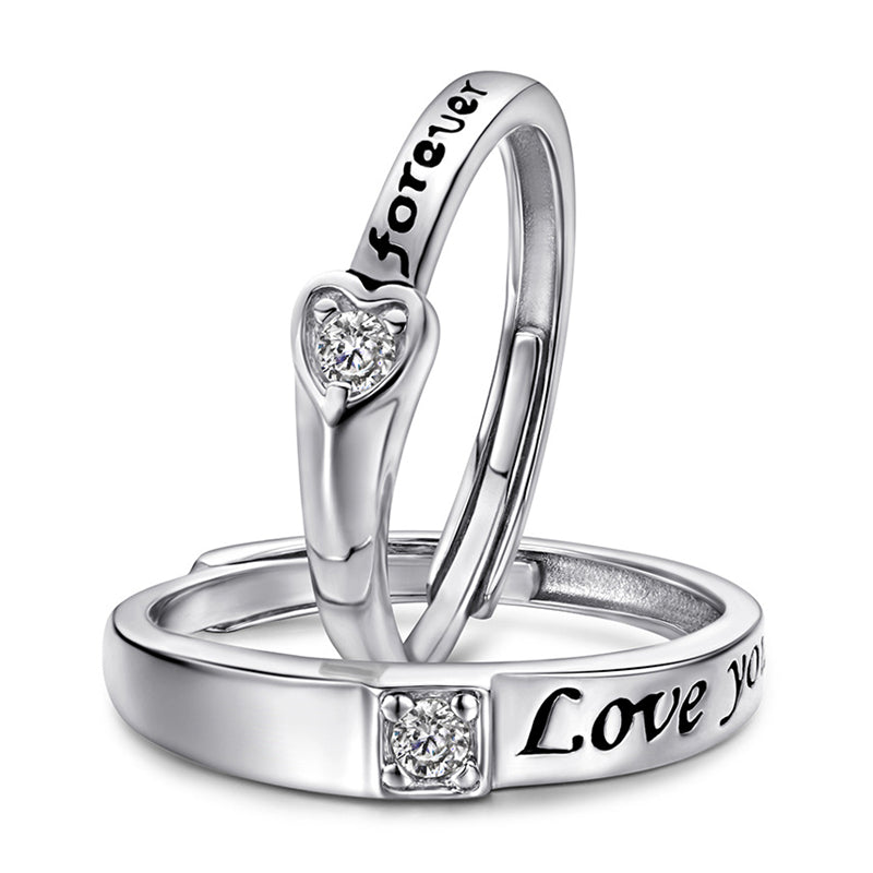 Love Heart Couple Rings - 925 Sterling Silver Adjustable Matching Set with Zircon Accents