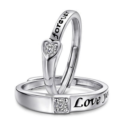 Love Heart Couple Rings - 925 Sterling Silver Adjustable Matching Set with Zircon Accents