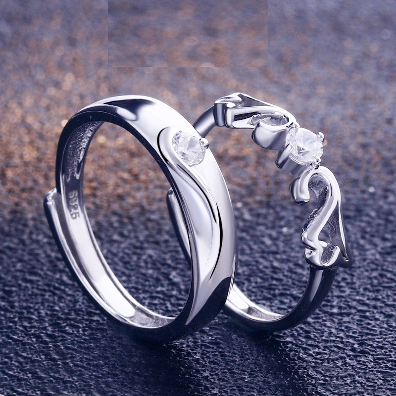 Crown Design 925 Sterling Silver Couple Rings - Adjustable Matching Promise Set