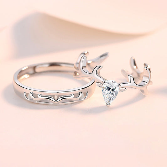 "Deer Love" Couple Rings - 925 Sterling Silver Adjustable Matching Set with Zircon Accents