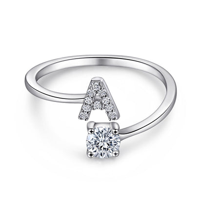 Personalized Initial 925 Silver Ring - Adjustable Alphabet Letter Band with Zirconia