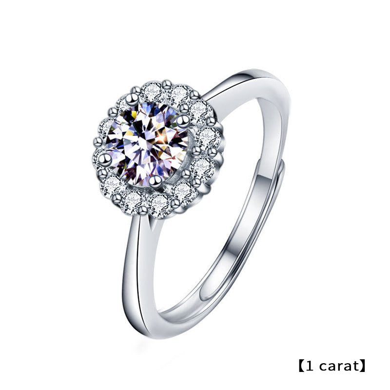 Adjustable Sunflower Geometric 925 Silver Ring with 1ct/2ct D Color White/Green Moissanite Heavy 0.05um Rhodium Plated