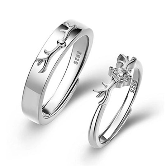 "Deer Love" Couple Rings - 925 Sterling Silver Two-Tone Deer Motif Matching Set