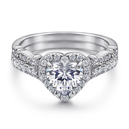 Heart-Shaped 925 Silver Ring Set - Romantic Zirconia Bridal Stack