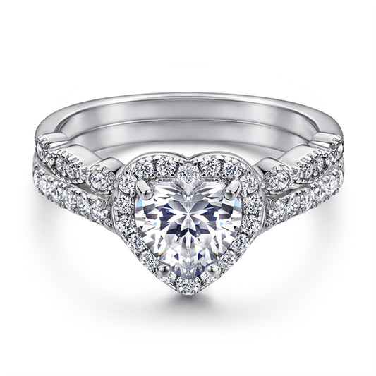 Heart-Shaped 925 Silver Ring Set - Romantic Zirconia Bridal Stack