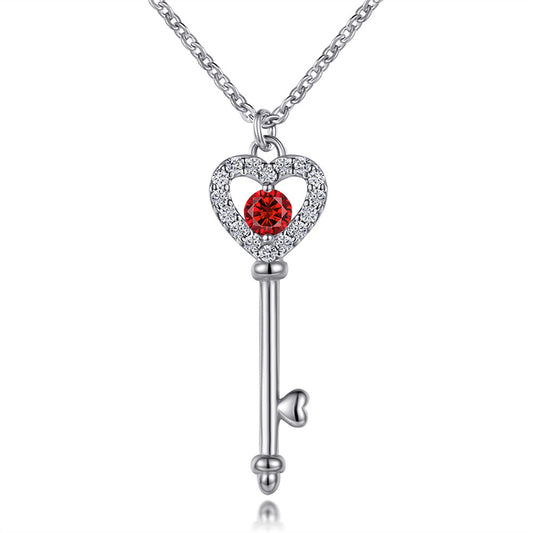 925 Sterling Silver Birthstone Key Necklace - Romantic Heart Lock Pendant