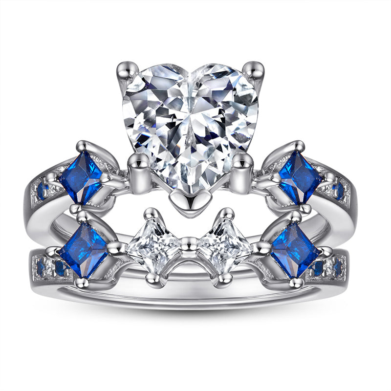 Heart-Shaped Blue Zirconia 925 Silver Ring Set - Modern Stackable Jewelry