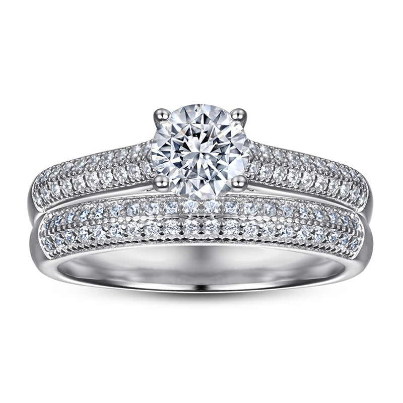 S925 Sterling Silver Couple's Ring Set - Double Row Pavé Zirconia Wedding Bands